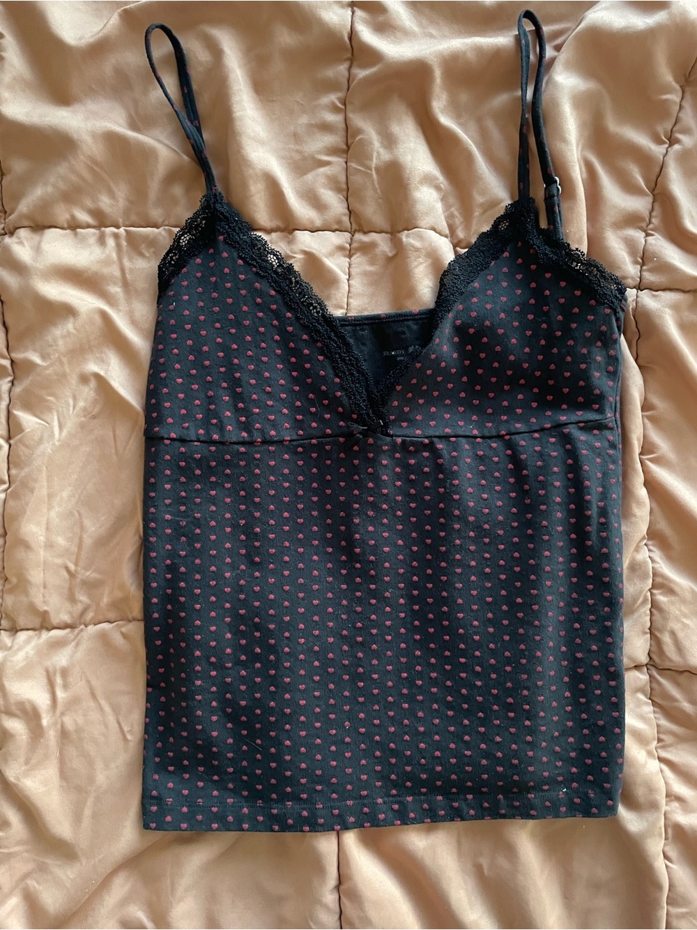 Brandy Melville Black Lace Trim Small Heart Print Camisole XS/S
